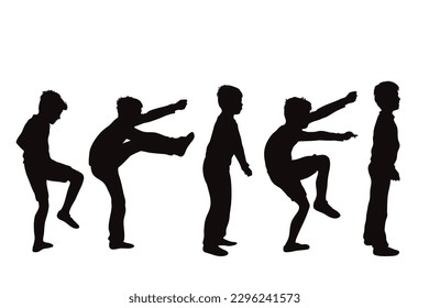 Vector silhouette of set of boys in different positions on white background. Symbol of childhood and child.