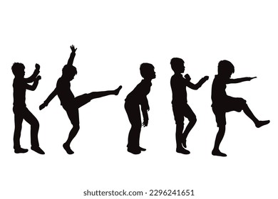 Vector silhouette of set of boys in different positions on white background. Symbol of childhood and child.