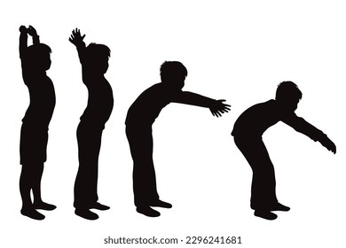 Vector silhouette of set of boys in different positions on white background. Symbol of childhood and child.