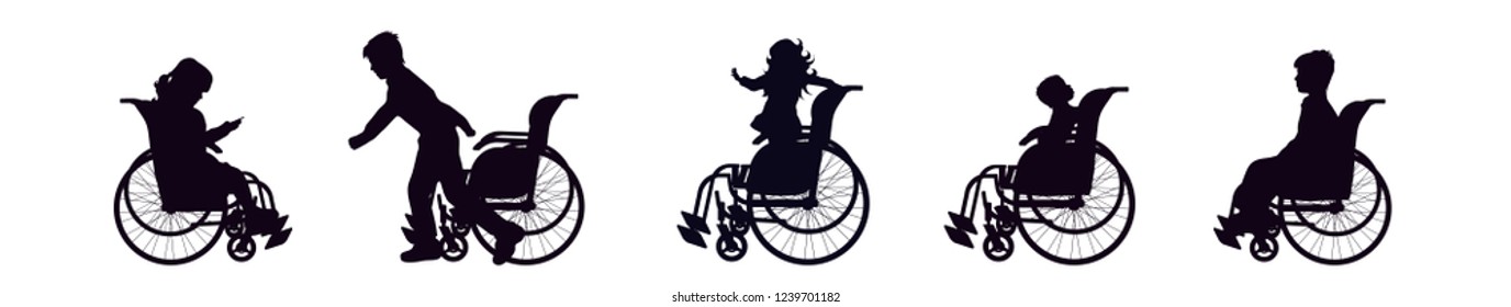 Vector silhouette of set of children on wheelchair.