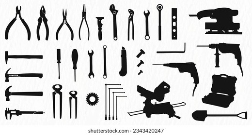 Vector silhouette set of construction tools for labor work and repair