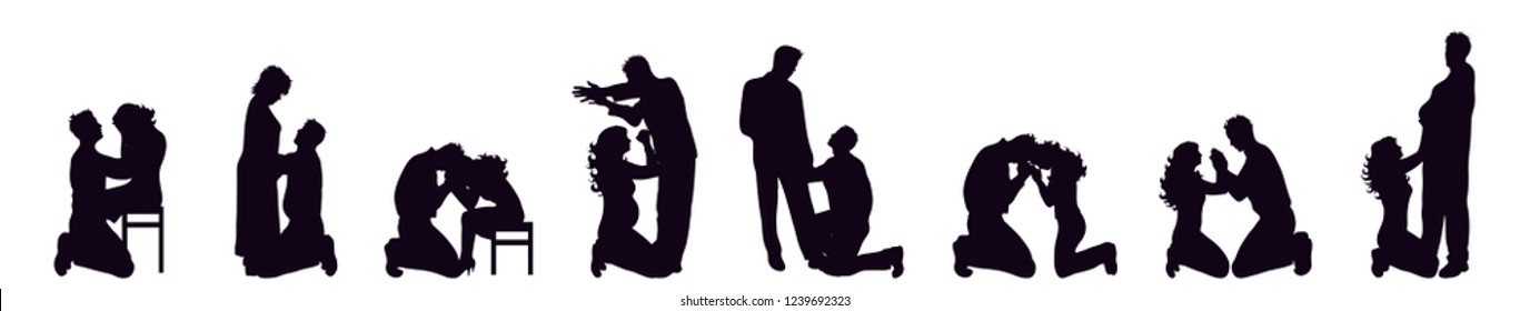 Vector silhouette of set of couple on white background.