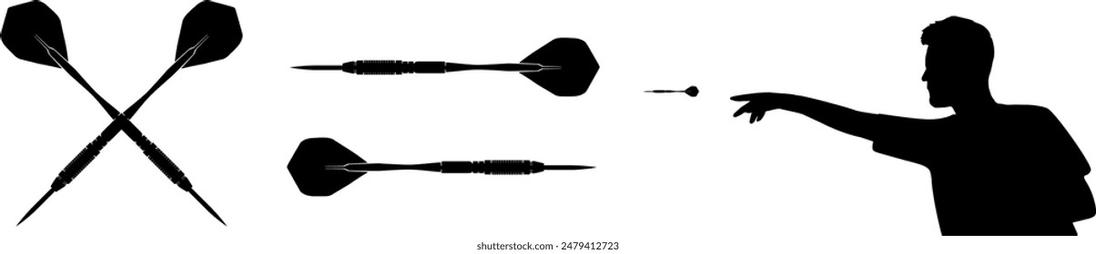 Vector silhouette set dart - dart arrow - man aims and throws dart - crossed steel darts arrows - sport graphic design elements