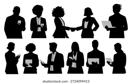 Conjunto de silueta de Vector de diversos profesionales de negocios que usan teléfonos inteligentes y tabletas y se dan la mano, aislados sobre fondo blanco.