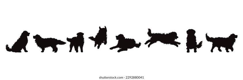 Vector silhouette of set of dogs on white background. Symbol of animal and pet.