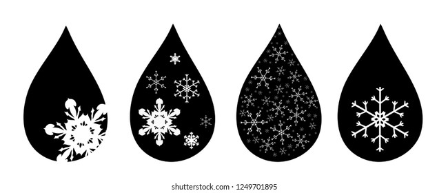 Vector silhouette of set of drop with snowflakes on white background.
