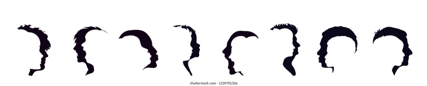Vector silhouette of set of face different people.