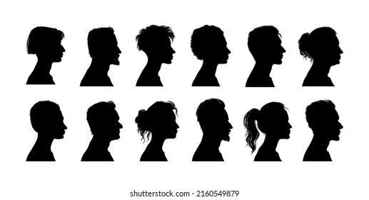 Vector silhouette set of face profile of different people. Woman with a short youth hairstyle, girl with a ponytail, a man with a fashionable haircut, an adult man with beard, boy with afro hair.