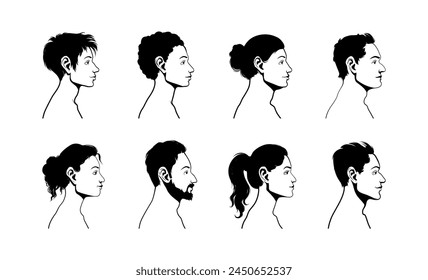 Vector silhouette set of face profile of different people. People portrait. 