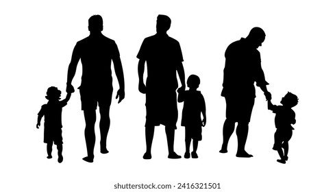 vector silhouette set of father and son holding hands walking together. white background isolation