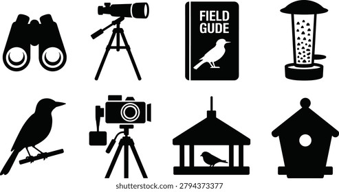 A vector silhouette set featuring essential bird watching and wildlife observation elements including binoculars, telescope, field guide, bird feeders, camera, and birdhouse icons. Perfect for nature education, outdoor recreation, conservation projects, camping graphics, and birding-themed designs.
