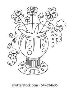 Vector silhouette set of flowers in a vase on the white background, cartoon isolated illustration painted in black color, high quality
