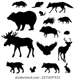 Vector Silhouette Set of Forest Animals. Collection of Wild Mammals Illustrations.