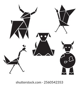 Vector Silhouette Set of Forest Animals. Collection of Wild Mammals Illustrations. Dog, cow, bull, flamingo, gazelle figure design.