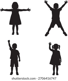 Conjunto de silueta de Vector de cuatro niños posando con brazos levantados y saltando