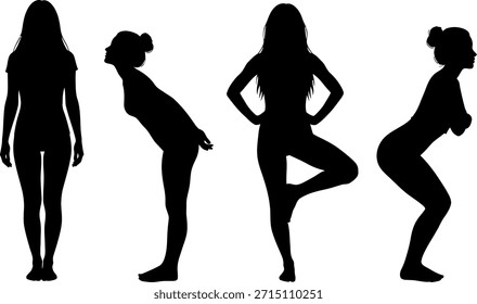 Conjunto de silueta de Vector de cuatro posturas de yoga y fitness para mujer: de pie, flexión hacia adelante, postura de equilibrio y postura en silla de cuclillas. Aislado en blanco.