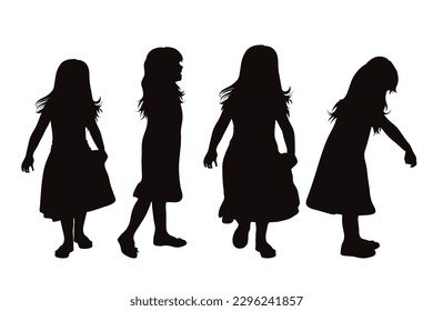 Vector silhouette of set of girls in different positions on white background. Symbol of childhood and child.