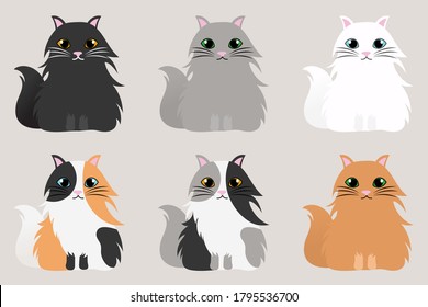 Conjunto de silueta vectorial Aislado de gatos en fondo beige, gato de dibujos animados con diferentes poses y emociones. eps 10 vector.