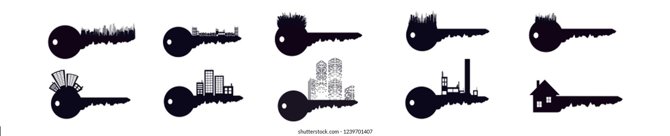 Vector silhouette set of key with city.