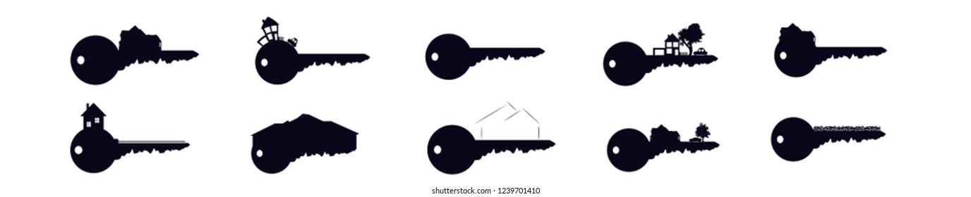 Vector silhouette set of key with house..