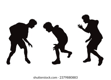 Vector silhouette of set of men dancing on white background. Symbol of sport and happiness.