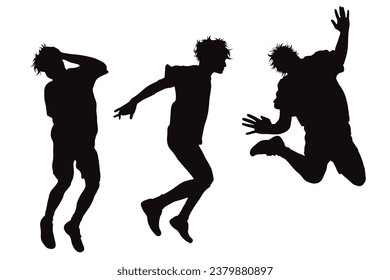 Vector silhouette of set of men jumping on white background. Symbol of sport and happiness.