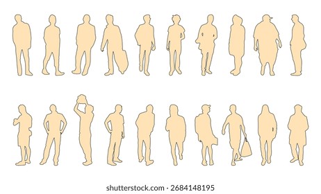 Vector silhouette set of men in standing and walking poses. Perfect for architecture drawings, clipart, graphic design, and creative projects.