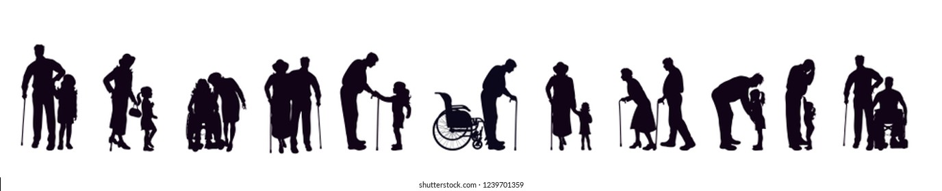 Vector silhouette of set of old people with children.