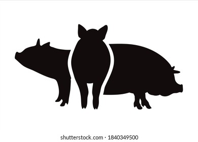 Silueta vectorial del conjunto de cerdos sobre fondo blanco. Símbolo de animales de granja.