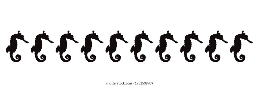 Vector silhouette of set of seahorse on white background. Symbol of ocean animals.