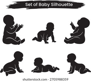 Silhueta Vetorial Conjunto de Seis Bebês e Bebês em Poses Diferentes, Rastejando e Sentado