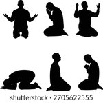 Vector Silhouette Set of Six Men Kneeling and Praying in Various Poses
