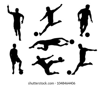 vector of silhouette  set of soccer player kicking the ball