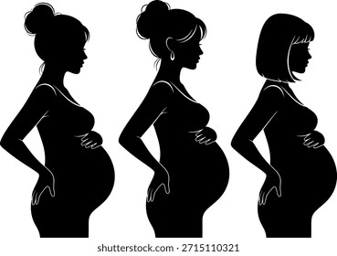 Vector silhouette set of three pregnant women profiles with varying hairstyles, holding their large bellies. Icons representing motherhood and pregnan