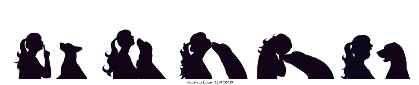 Vector silhouette of set of woman with dog white background.
