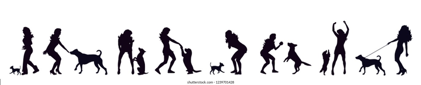 Vector silhouette of set of woman with dog white background.