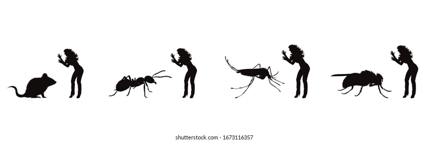Vector silhouette of set of woman who cry at insect on white background. Symbol of fear of insect.