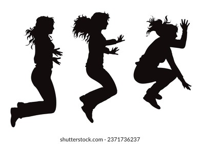 Vector silhouette of set of women jumping on white background. Symbol of sport and happiness.