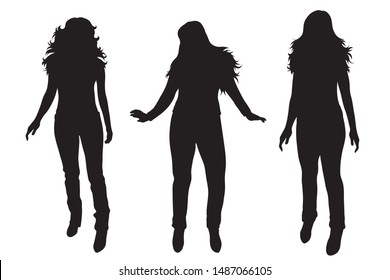 Vector silhouette of set of women on white background. Symbol of female, people, group, dance.