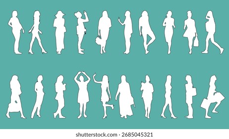 Vector silhouette set of women in standing and walking poses. Ideal for architecture drawings, clipart, graphic design, and creative projects.