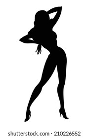 Vector silhouette of sexy dancing pin-up girl isolated on white