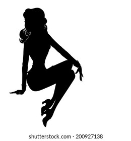 Vector silhouette of sexy pin-up girl in suite sitting isolated on white
