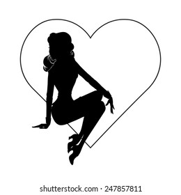 Vector silhouette of sexy pin-up girl sitting in heart shape frame, isolated on white, Valentine theme illustration