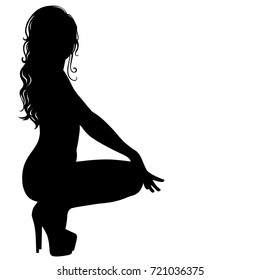 Vector Silhouette Of Sexy Pinup Girl With Long Hair In Dance Shoes. Shapes Of Beautiful Woman In Sitting Poses. Beauty And Fashion Model Icon Isolated On White Background.