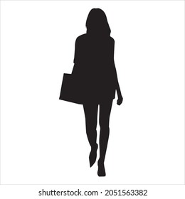 Vector Silhouette Of Sexy Socialite Woman Carrying Expensive Handbag. The Tall Girl Walked Forward On The Road. White Background Color