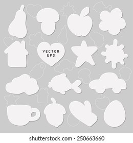 Vector silhouette shape set of apple, pear, car, house, fish, mitten, acorn, cloud, star, sun, heart, mushroom and cup in white paper cut style with shadow and lighting and outlined for text box 