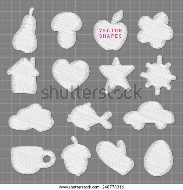 Vector\
silhouette shape set of apple, pear, car, house, fish, mitten,\
acorn, cloud, star, sun, heart mushroom and cup in scribbled style\
with shadow for text bubble box or label\
