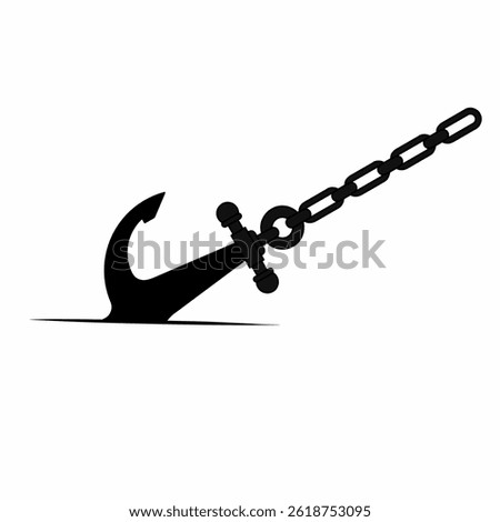 Vector silhouette of a ship anchor with a chain stuck in a holder. Nautical symbol, suitable for sailing, maritime, navy, fishing, sea transport or adventure themed designs.