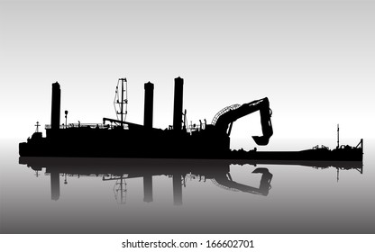 Vector silhouette of ship with floating excavator in service