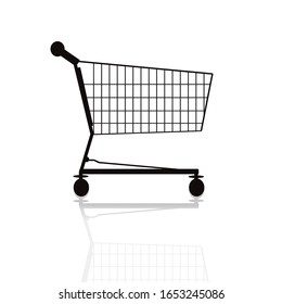 Silueta vectorial de carro de la compra con sombra sobre fondo blanco. Símbolo de accesorios de tienda.